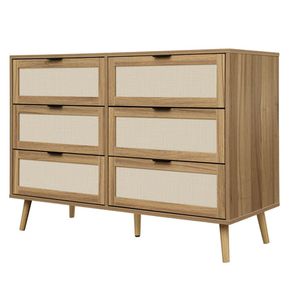 Ladekast – Ladenkast – Commode – Opbergkast – Dressoir – Walnootkleur – Rattan Ladefronten – 6 Lades – Stevige Dennenhouten Poten – 118,5 cm Breed