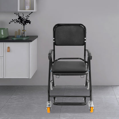 Douche- en Toiletstoel – Douchekruk – Badkamerstoel – Commode Stoel – Opvouwbare Wielenstoel – Verstelbare Hoogte – 5-Posities Rugleuning – Comfortabel Kussen – Stevig Stalen Frame – Zwart
