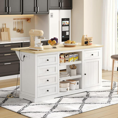 Sideboard, Kitchen Island, Wine Cabinet with 5 Drawers, 2 Pull-Out Shelves, Foldable Extension, Suitable for Kitchen, Dining Room, and Living Room, White, 150×65×75cm,  Spacesaving Furniture, Modern Sideboard, Minimalist Fu