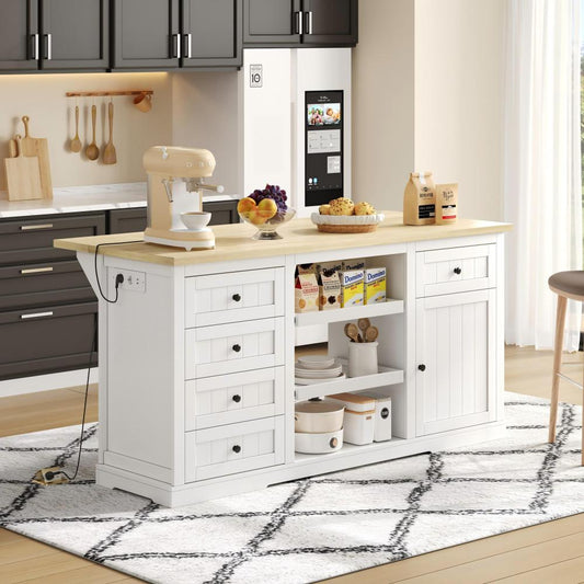 Sideboard, Kitchen Island, Wine Cabinet with 5 Drawers, 2 Pull-Out Shelves, Foldable Extension, Suitable for Kitchen, Dining Room, and Living Room, White, 150×65×75cm,  Spacesaving Furniture, Modern Sideboard, Minimalist Fu