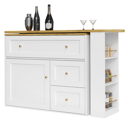 Uitklapbare Bartafel – Bar Tafel – Statafel – Keukeneiland – Bistrotafel – Wit Met Metaal – Uitschuifbaar 138-204 cm – Met Opbergruimte En Snackrek