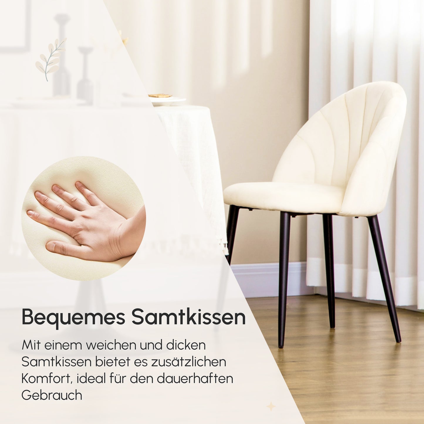 Eetkamerstoelen – Stoelen – Keukenstoelen – Fluwelen Stoelen – Scandinavische Stoelen – Set Van 2 – Crème Fluweel Bekleding – Zwart Metalen Onderstel