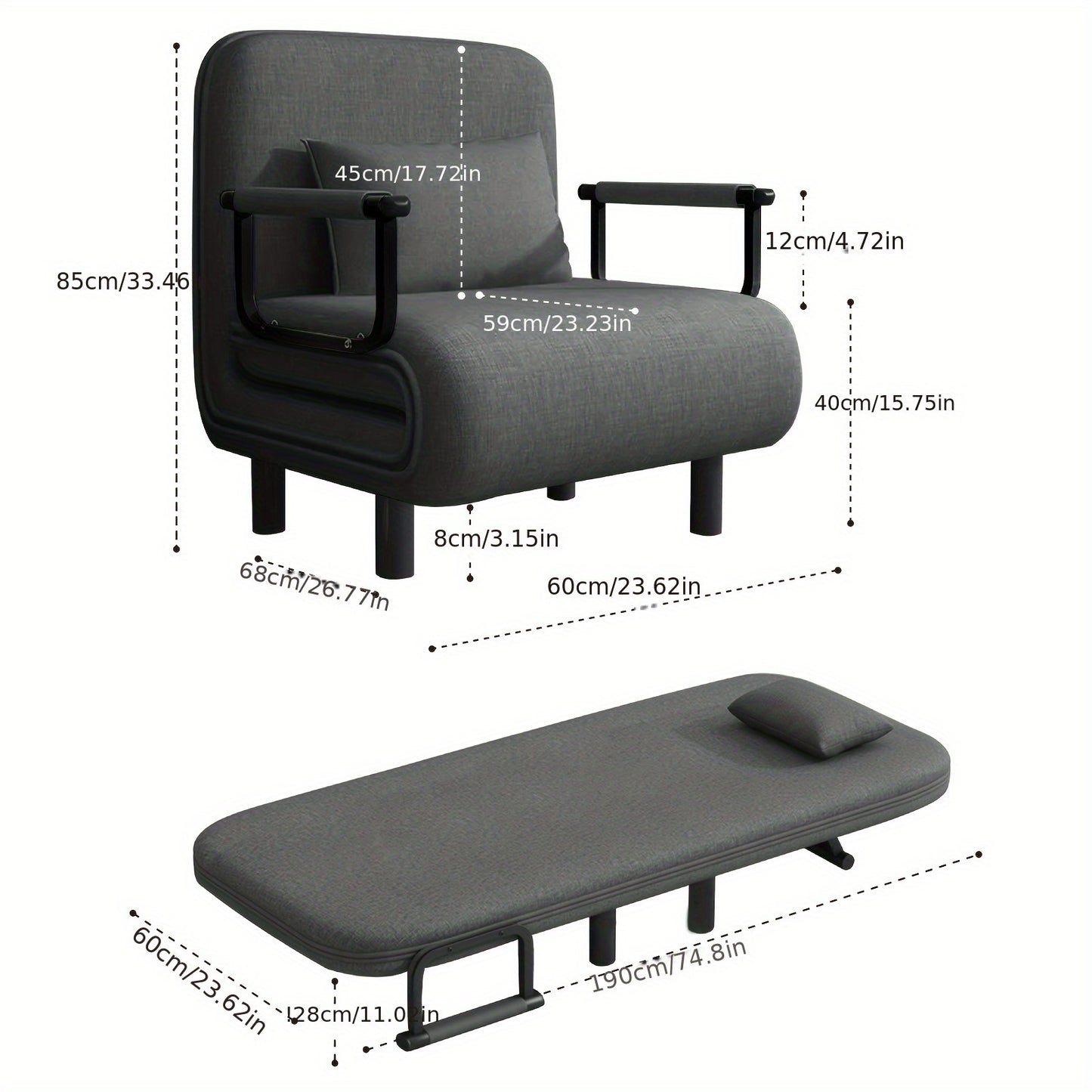 Slaapfauteuil – Slaapstoel – Slaapbank – Fauteuilbed – Vouwbed – Memory Foam Kussen – Metalen Armleuningen – Compact 60x68x85 cm – Grijs