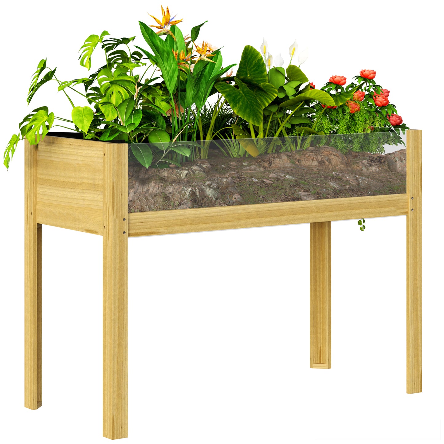 Plantenbak – Bloembak – Moestuinbak – Kruidenbak – Verhoogde Houten Plantenbak Op Poten – Natuurlijk Hout – Acryl Zijpanelen – Efficiënt Afwateringssysteem