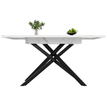 Eettafel – Dinertafel – Keukentafel – Salontafel – Eetkamertafel – Uitbreidbaar – Marmerlook Wit Tafelblad – Zwart Metalen Frame – Verstelbaar 120-160 cm – Ruimtebesparend Modern Design