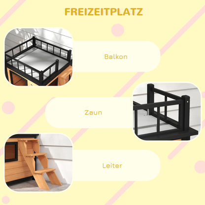 Hondenhok – Hondenhuis – Hondenkennel – Buitenhok – Hondenverblijf – Weerbestendig Hout – Met Dakterras 121x77x78 cm – Zwart/Geel