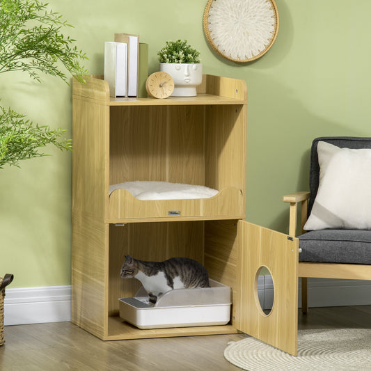 Kattenbakmeubel – Kattenhuisje – Kattenverblijf – Kattenmeubel – Kattenkast – 3 Niveaus Met Deur – Inclusief Zachte Kussen – Afm. 60x45x103 cm – Eiken Look
