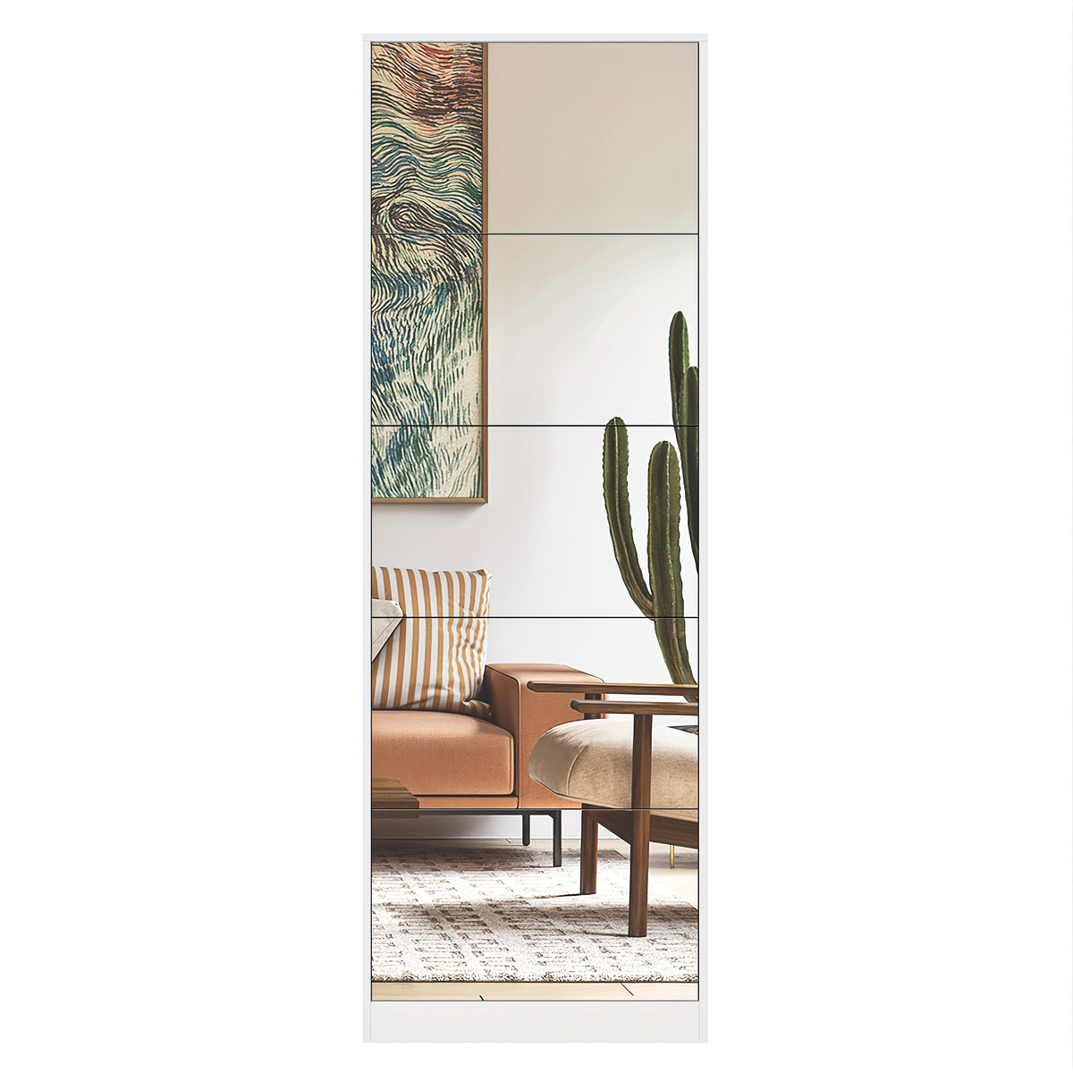 Shoe Storage Unit with a Full-Length Mirror, Featuring a Double Rack And Five Flip Drawers, Designed in White Wood for Organizing Shoes in Entryways, Hallways, And Corridors.