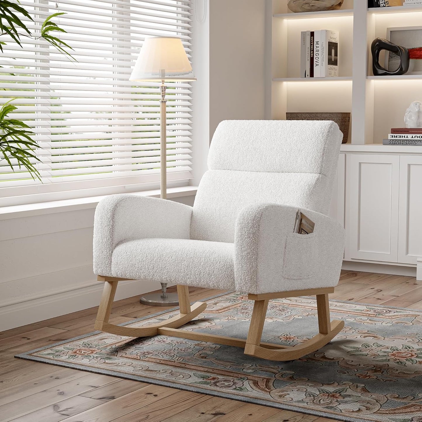 Schommelstoel – Schommelstoel met Wol – Loungestoel – Relaxstoel – Wit – Zachte Schapenwolvulling – Hoge Ergonomische Rugleuning