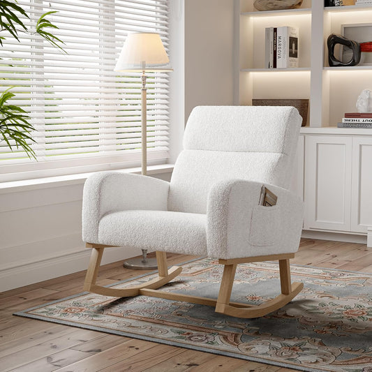 Schommelstoel – Schommelstoel met Wol – Loungestoel – Relaxstoel – Wit – Zachte Schapenwolvulling – Hoge Ergonomische Rugleuning