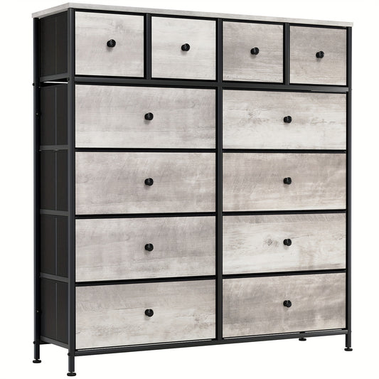 Sideboard – Dressoir – Opbergkast – Kast Met Lades – Meubel Met Stofladen – Grijs – 12 Ruime Stoffen Lades – Stevig Ijzeren Frame