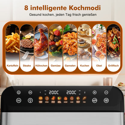 Authmic 10L Hot Air Fryer with Dual Zone/Single Chamber - 9-in-1 Multifunction Touchscreen Smart Fryer with Oil-Free, 2400W Rapid Cooking Function, Non-Stick Coated Basket & Viewing Window, 8 Preset Programs, for Family Cooki