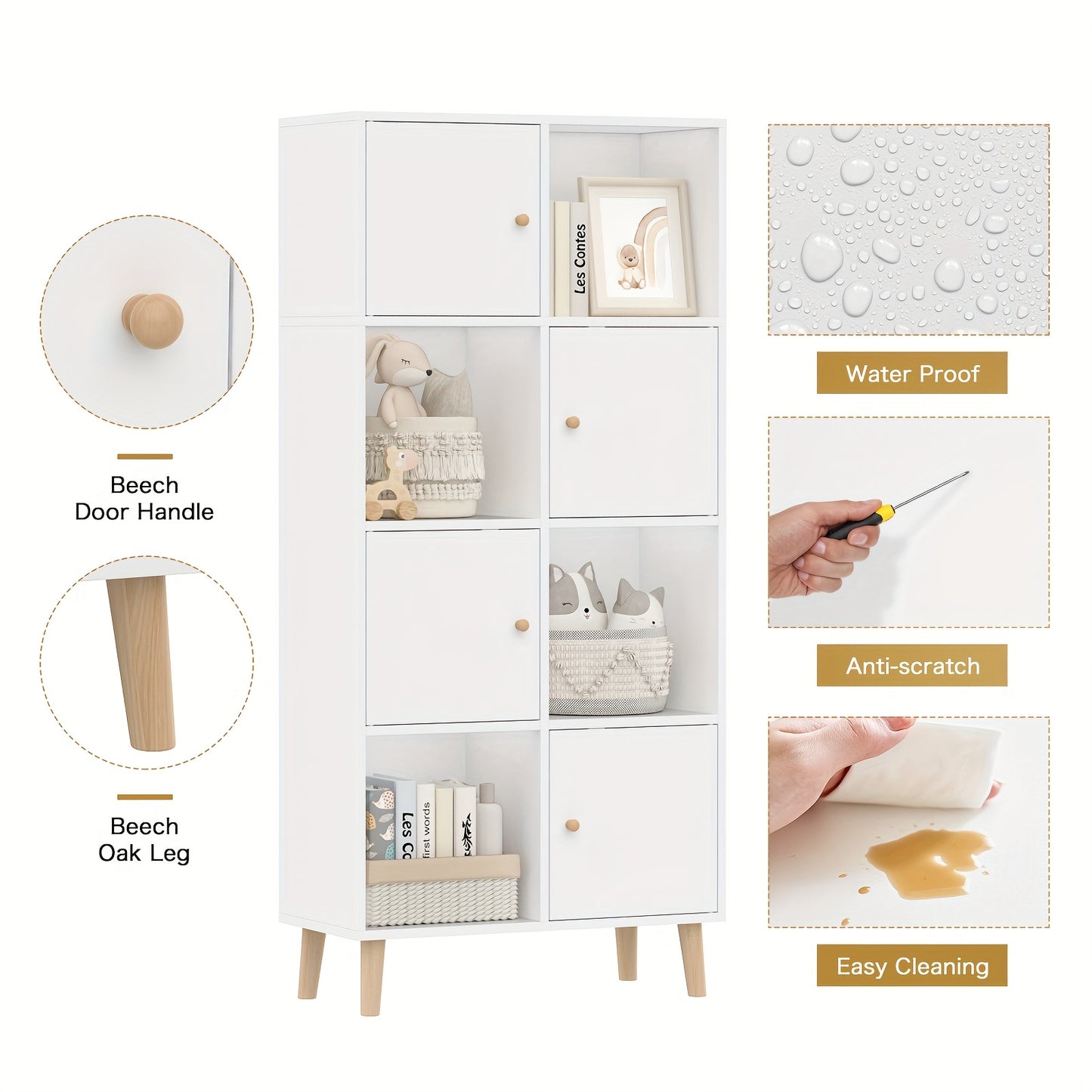 Boekenkast – Boekenrek – Opbergkast – Vakkenkast – Wandkast – Wit Hout – 4 Deuren & 8 Vakken – 64,5x30x140,5 cm – Vrijstaand & Stevig