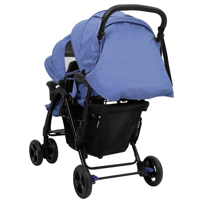 Tandem Kinderwagen – Tweelingwagen – Dubbele Kinderwagen – Duo Buggy – Tweekinderwagen – Staal en Linnen – Verstelbare Zonnekap – Ruime Ondermand – Marineblauw