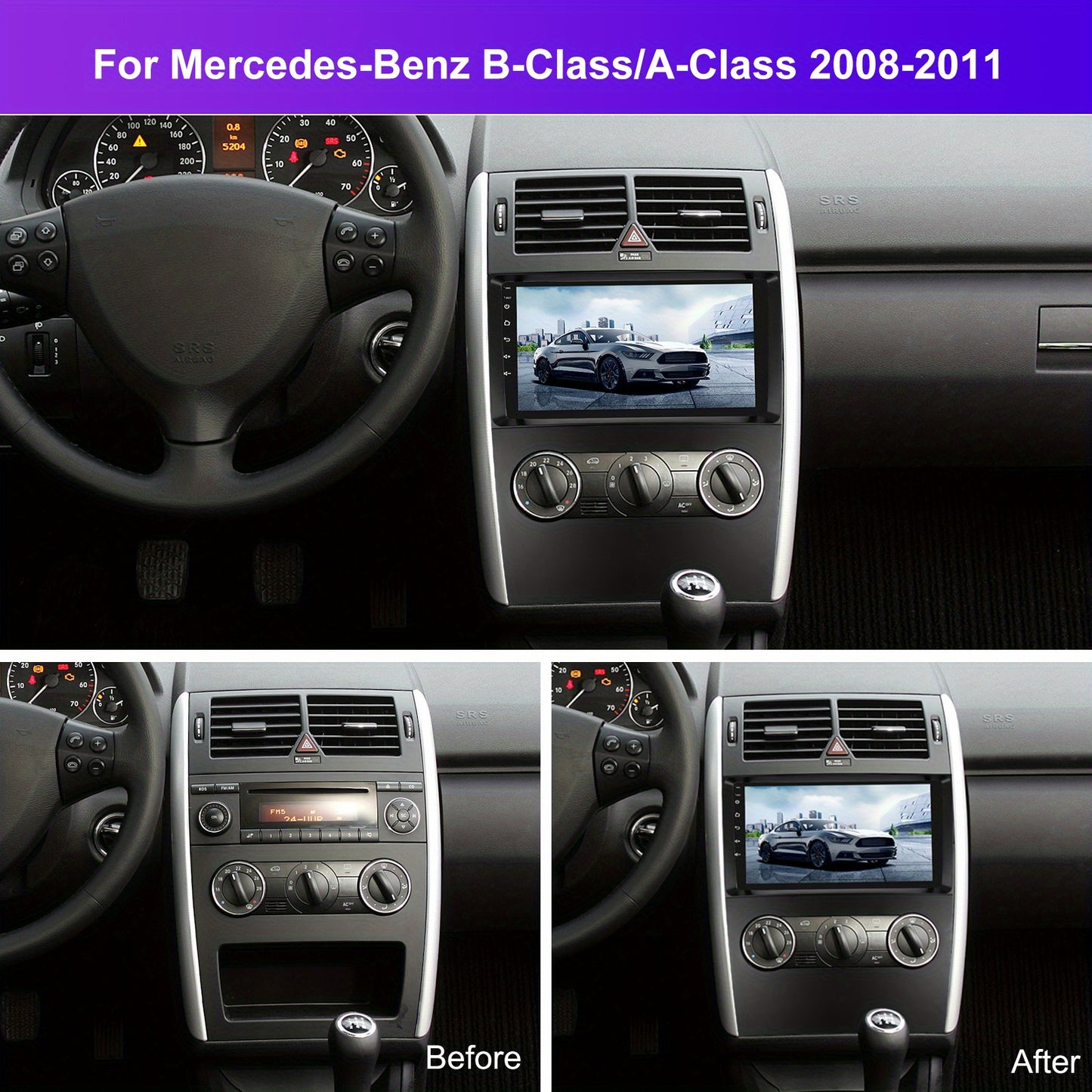 for Mercedes-Benz B-Class/A-Class 2008-2011 Android 15 Car Stereo with 9” HD Touchscreen, Wireless CarPlay & Android Auto, GPS, Canbus, Rear View Camera, Wireless, FM Radio, Dual, Steering Wheel Control (Frame Included) - C