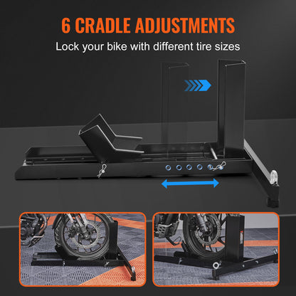 Motorstandaard – Wielhouder Motorfiets – Wielenstopper – Motorparkeerstandaard – Verstelbare Motorwielhouder – Zwart – Geschikt Voor Wielen 15-22 Inch – Draagvermogen Tot 815 Kg - QUORE