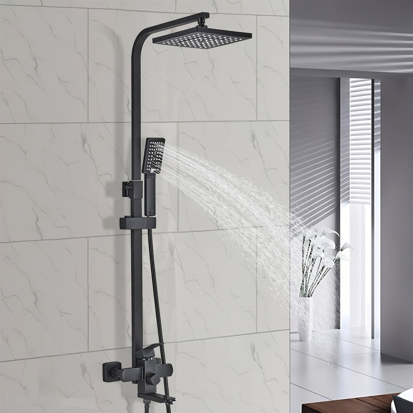 Luxurious Matte Black Rainfall Shower System Kit - 20.32 cm Square Rain Shower Head & Handheld Spray With Adjustable Height Brass Holder, Free Hose, 3-Function Retrofit Set For A Premium Bathroom Experience, Shower Accessorie