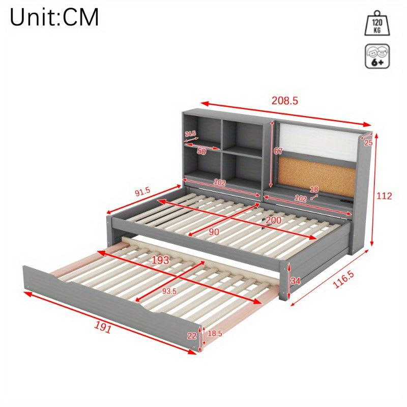 Slaapbank – Bedbank – Uitklapbare Bank – Logeerbed – Bank Met Opbergruimte – 90x200 cm – Grijs Met Oplaadpoort