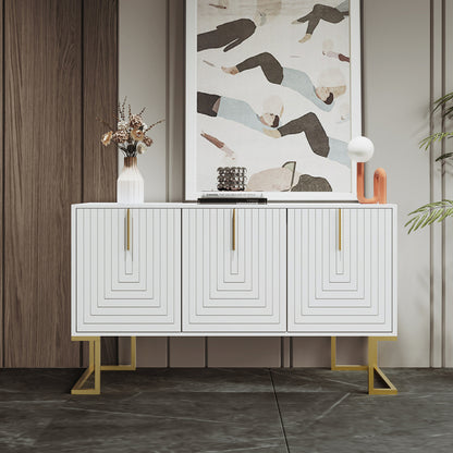 Dressoir – Opbergkast – Buffettafel – Kast – Ladekast – Modern Design – 3 Deuren Met Verstelbare Planken – Witte Afwerking Met Gouden Basis