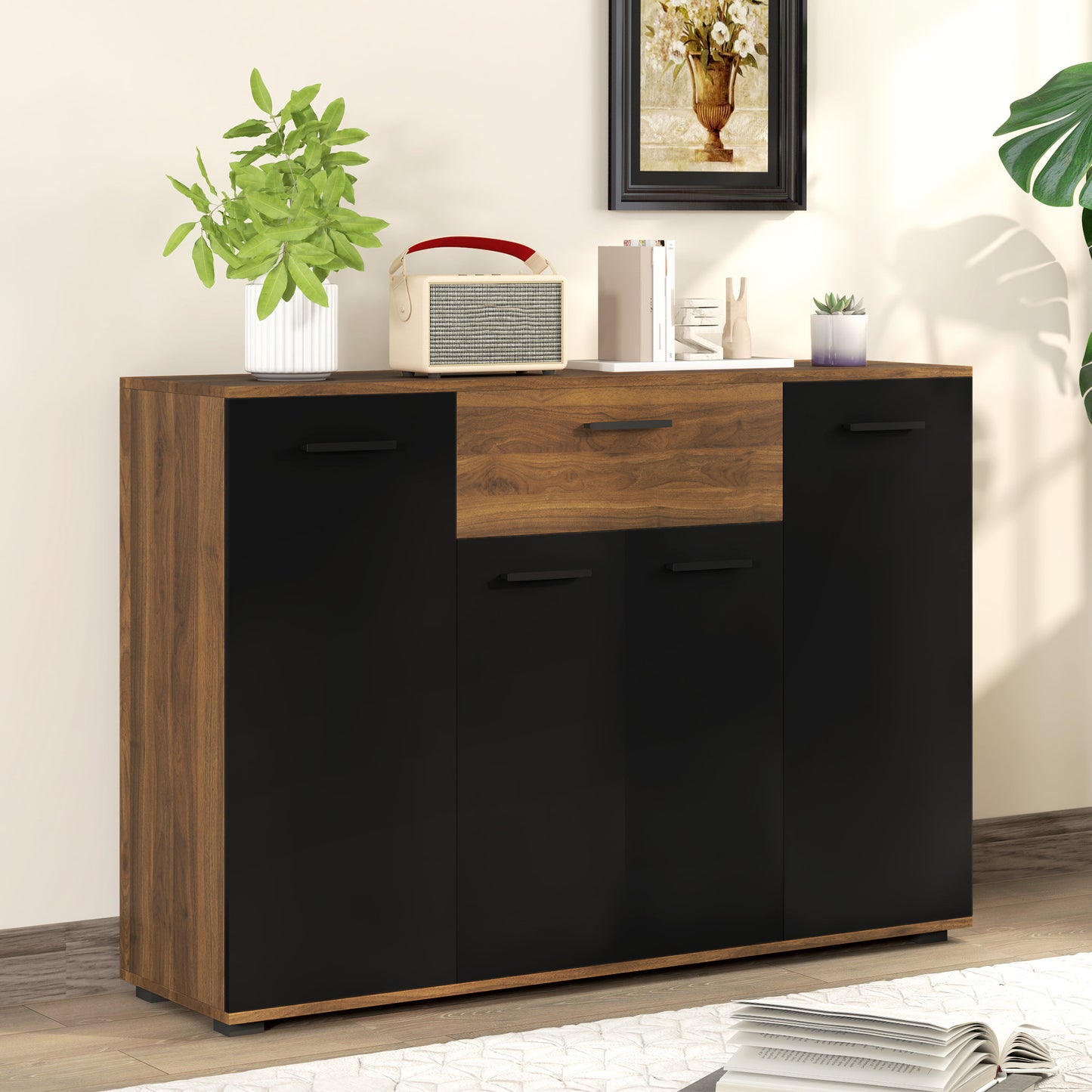 Buffetkast – Dressoir – Opbergkast – Kast – Sideboard – Bruin Zwart Kleurblok – 4 Kasten Met Lade En Verstelbare Planken – Afmetingen 120x35x85 cm