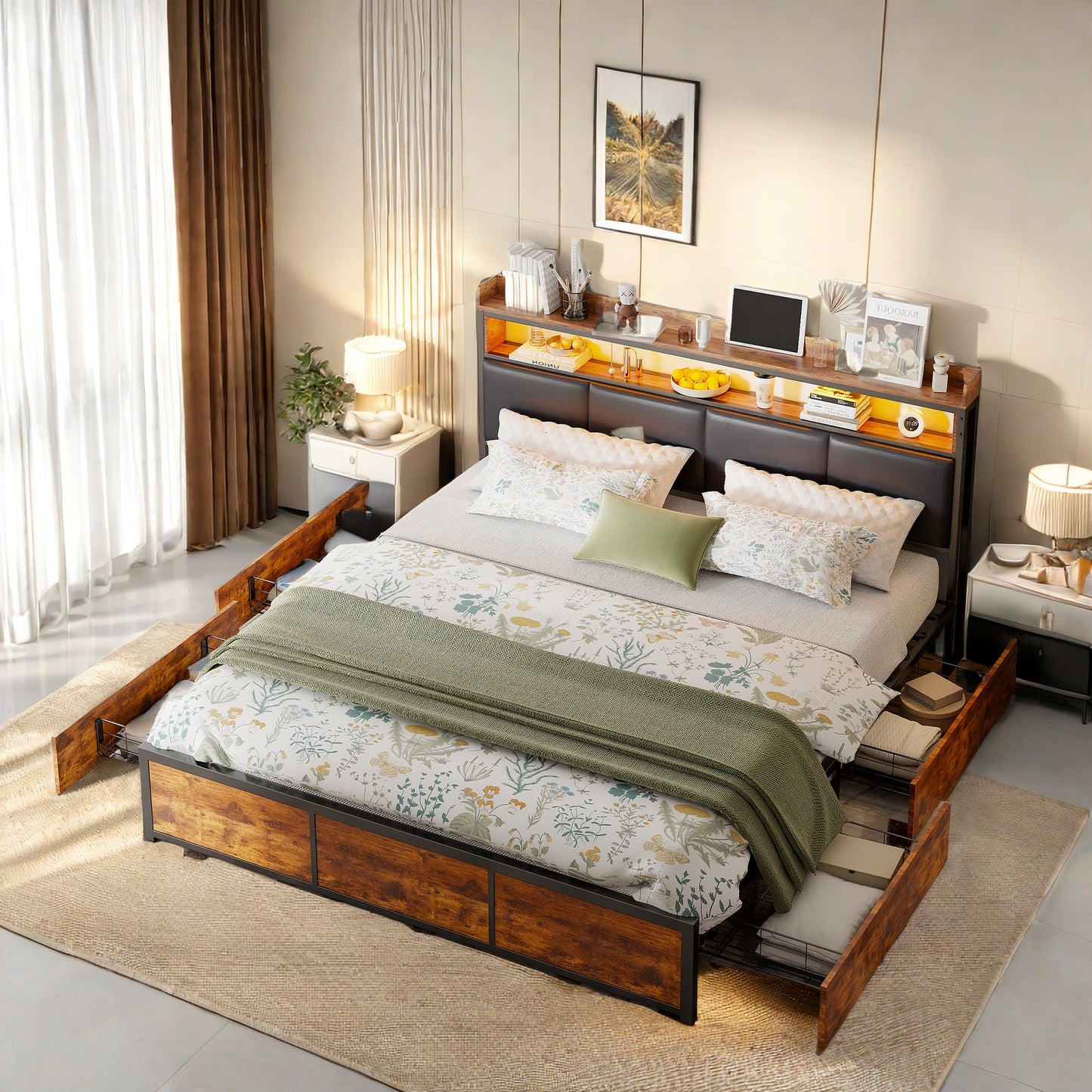 Queen Size Bed – Tweepersoonsbed – Led Bed – Kunstleer Bed – Opbergladens Bed – 180x200 Cm – Verstelbare Hoofdbord – Ingebouwde USB & LED-Verlichting