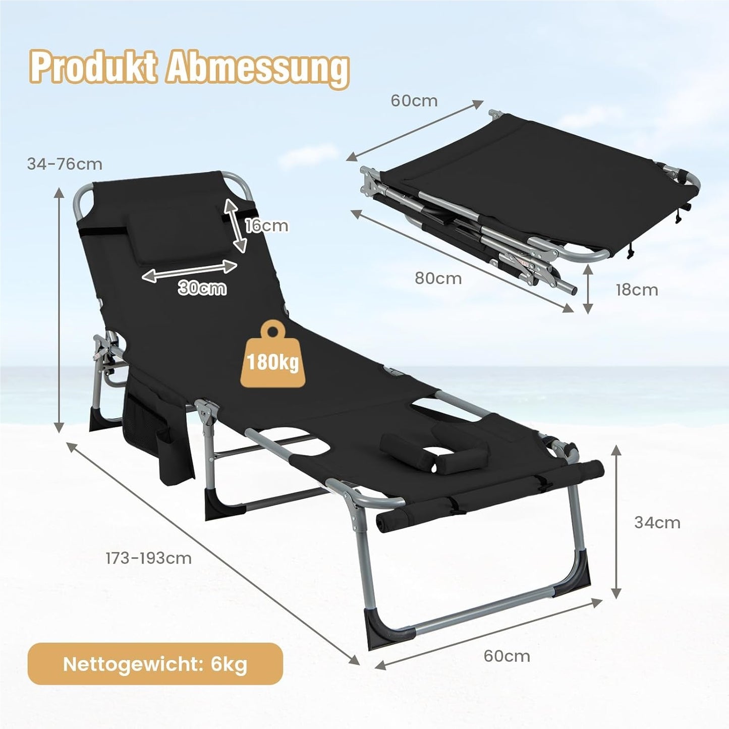 Zonnebed – Ligstoel – Tuinbed – Strandstoel – Relaxstoel – Verstelbare Rugleuning en Voetsteun – Afneembare Kussen en Zwart Design