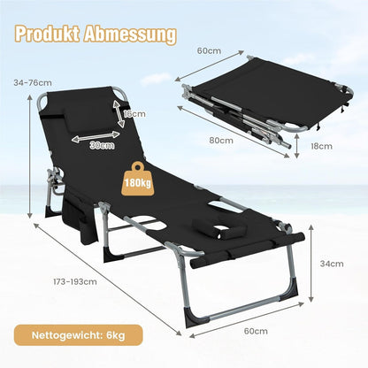 Zonnebed – Ligstoel – Tuinbed – Strandstoel – Relaxstoel – Verstelbare Rugleuning en Voetsteun – Afneembare Kussen en Zwart Design