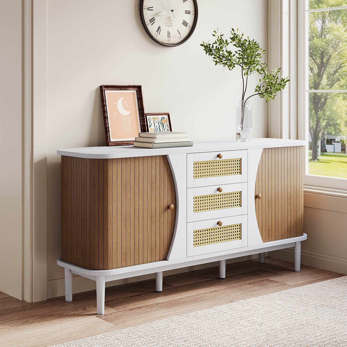 Dressoir – Kast – Ladekast – Opbergkast – Buffettafel – Rieten Deuren – Hardhout – Schuifdeuren – 80x40x85 cm – Natuurlijk Design