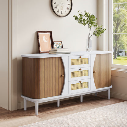 Dressoir – Kast – Ladekast – Opbergkast – Buffettafel – Rieten Deuren – Hardhout – Schuifdeuren – 80x40x85 cm – Natuurlijk Design