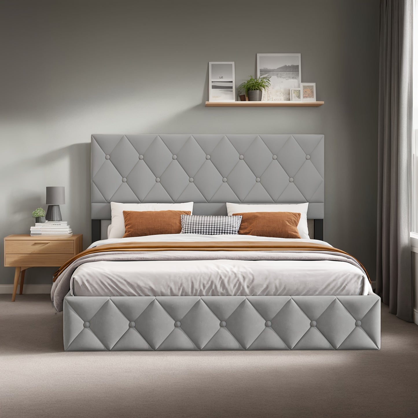 Gestoffeerd Boxspringbed – Opbergbed – Bed Met Opbergruimte – Boxspring Met Lift – Tweepersoonsbed 160x200 cm – Hydraulische Lift – Hoog Model Knopen Hoofdsteun – Houten Lattenbodem