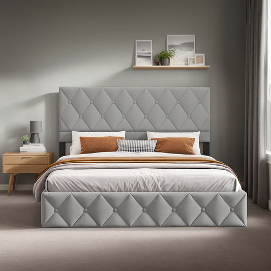 Gestoffeerd Boxspringbed – Opbergbed – Bed Met Opbergruimte – Boxspring Met Lift – Tweepersoonsbed 160x200 cm – Hydraulische Lift – Hoog Model Knopen Hoofdsteun – Houten Lattenbodem