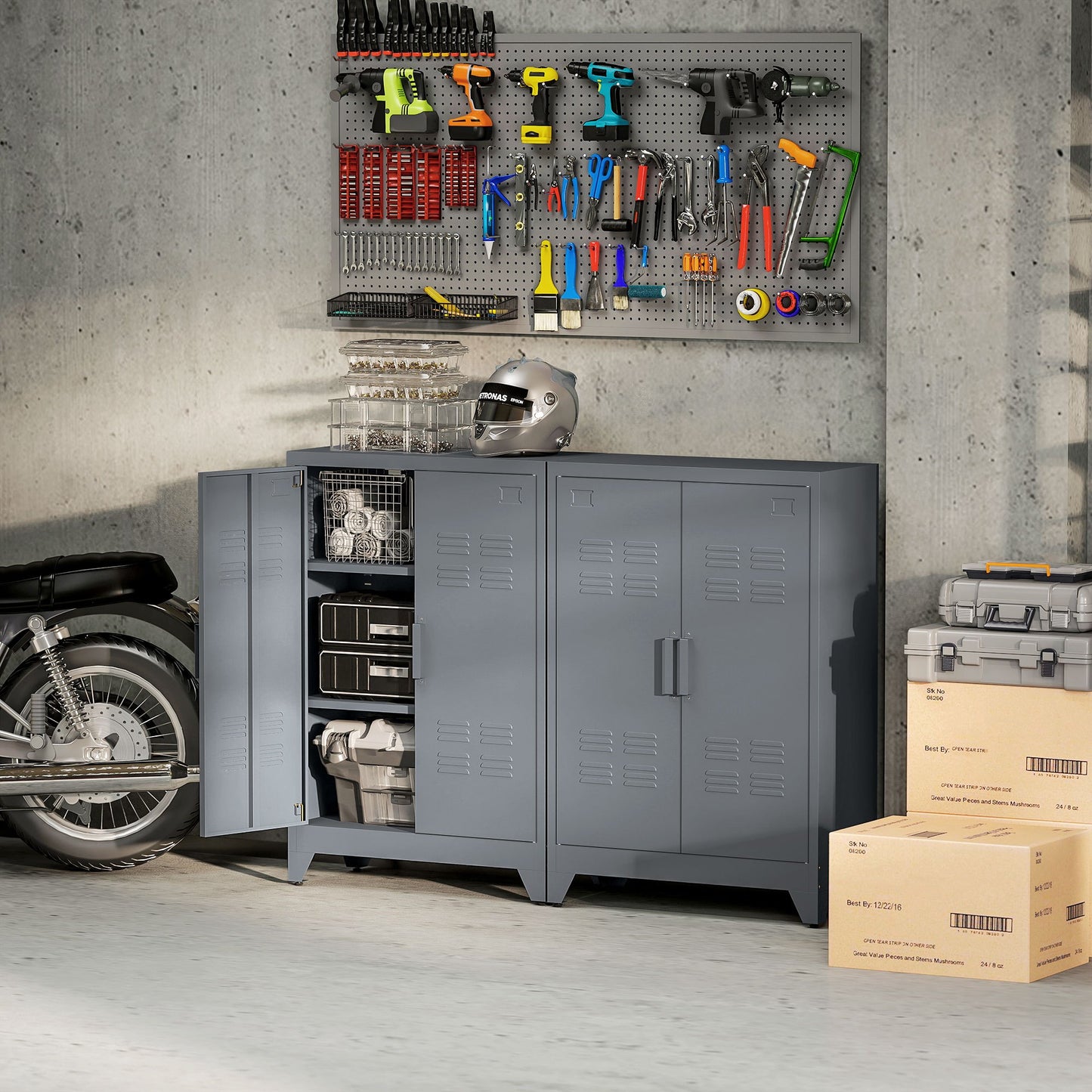 Opbergkast – Metaalkast – Archiefkast – Kast Met Lamellen Deuren – Grijze Opbergkast – Stevig Metalen Materiaal – 2 Verstelbare Planken 75x33x110 cm