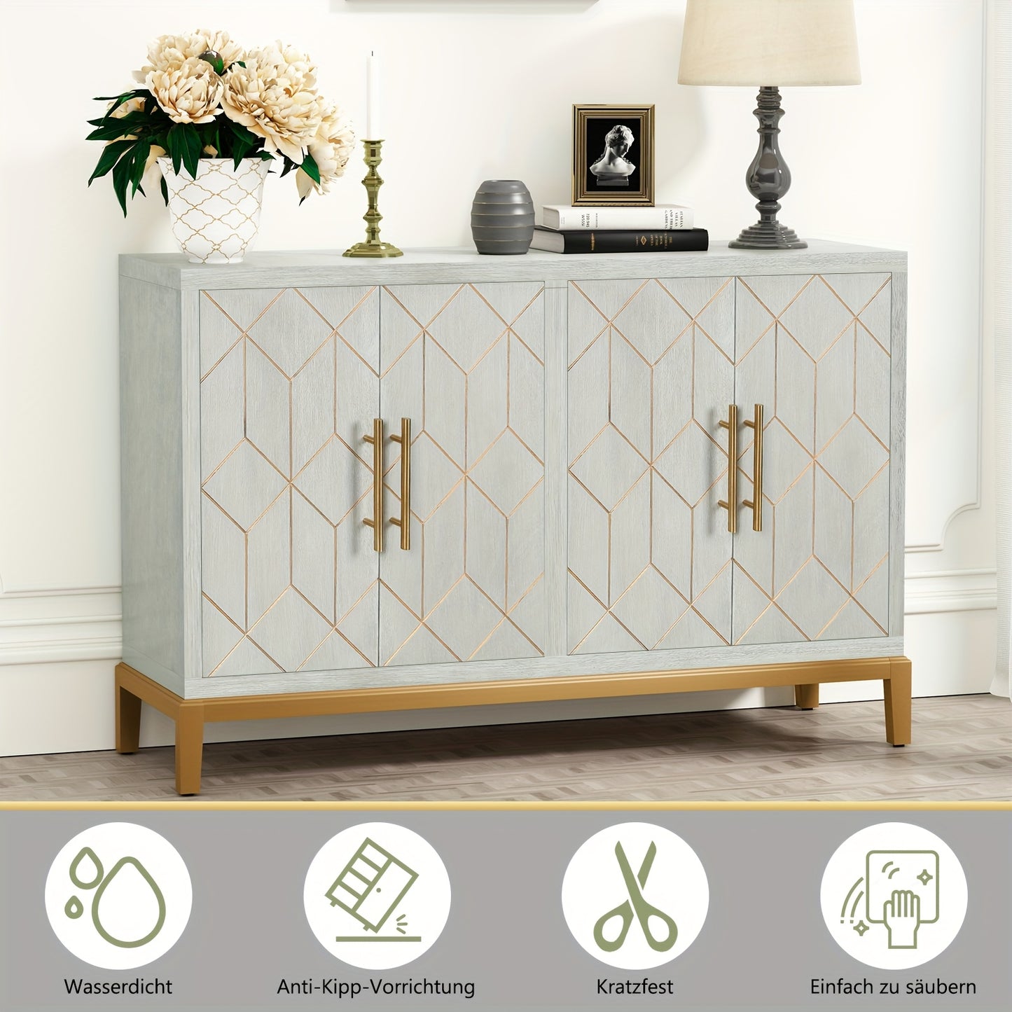 Kast – Opbergkast – Dressoir – Garderobekast – Vrijstaand – Verstelbare Planken – Zwart Met Gouden Accenten