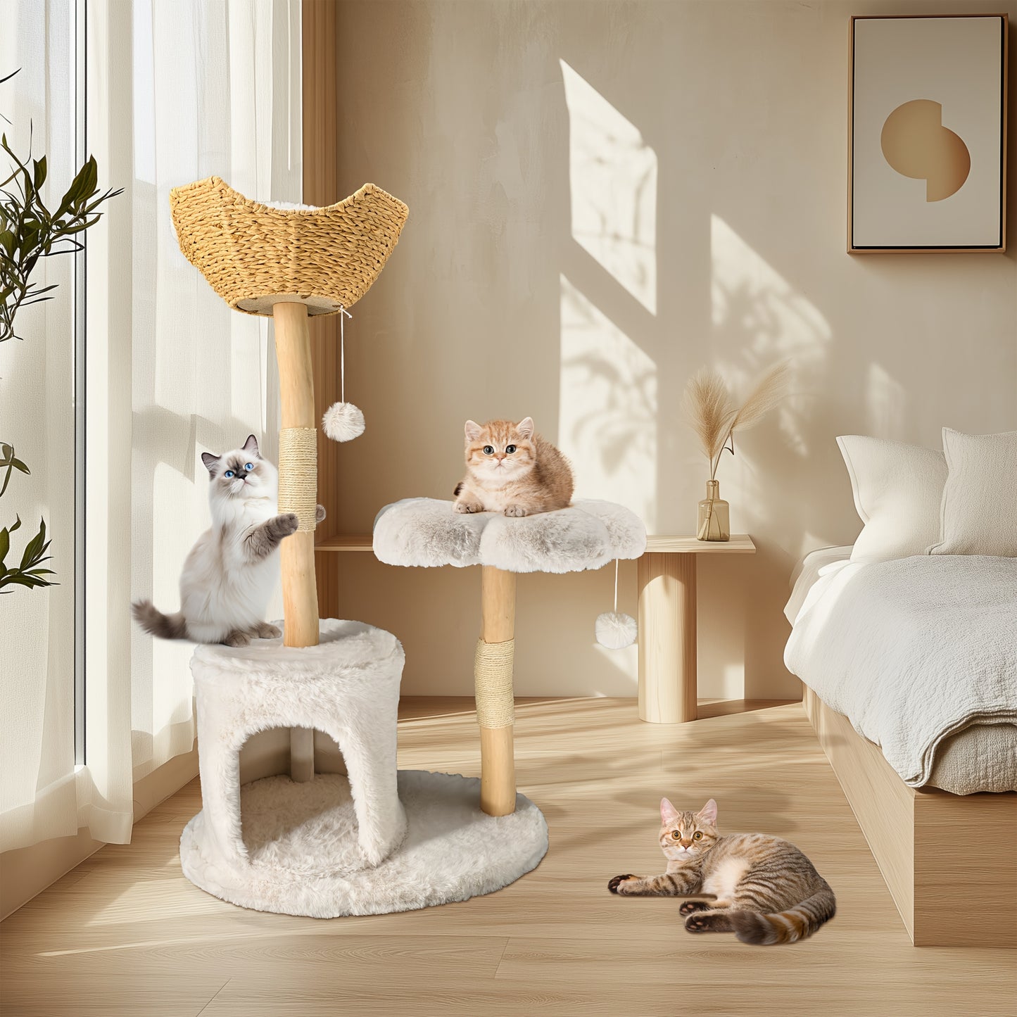 Krabpaal – Kattenboom – Kattenhuis – Kattentoren – Krabmeubel – 92x38,5x120 cm – Sisal Krabpalen & Pluche Bekleding – Stevig Houten Meubel