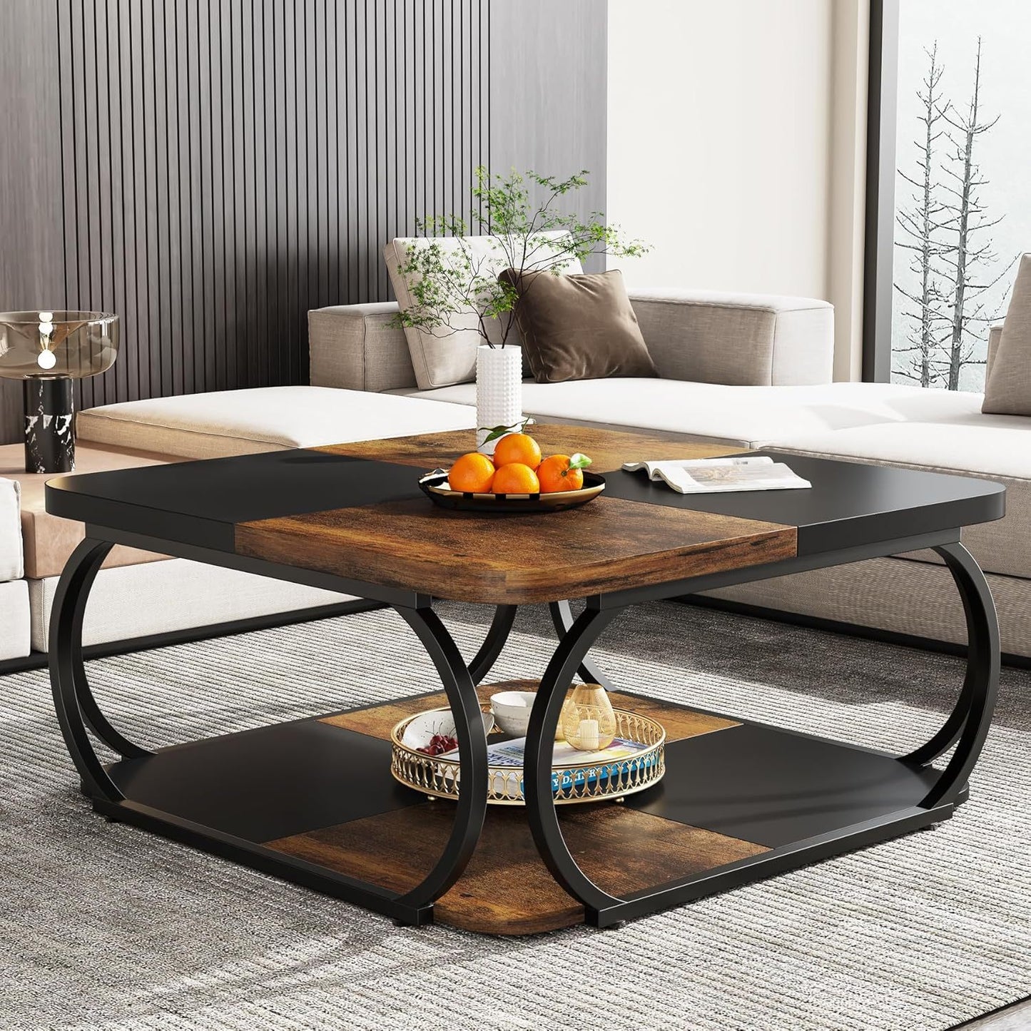 Salontafel – Koffietafel – Woonkamertafel – Bijzettafel – Salon tafel – Vierkant – Dubbele Opberglagen – Metaal & Hout – 101,6 cm – Industrieel Design