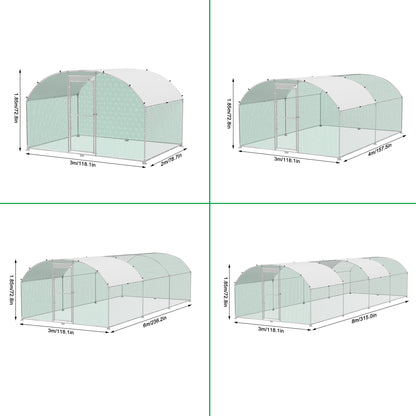 Kippenhok – Kippenren – Pluimveehok – Buitenren – Dierenverblijf – Verzinkt Stalen Frame – Boogvormig PE Zonnescherm – PVC Gecoat Honingraatgaas – Variabel 3 x 4 x 1,85 m