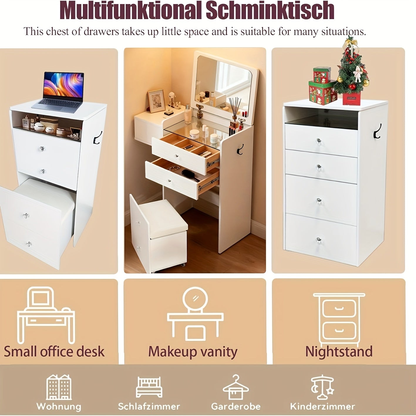 Three-in-one Corner Vanity Unit with 90° Folding Mirror, Glass Worktop, Storage-integrated Padded Stool, Side Hooks for Hanging Cosmetics, Premium Materials And Straightforward Assembly, White Finish, Space-saving Design., B