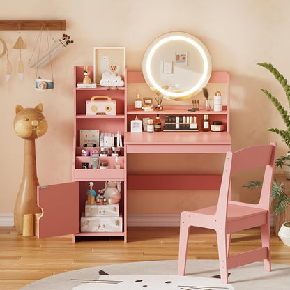 Make-up Tafel – Kaptafel – Make-up Organizer – Opbergtafel – Vanity Set – Wit en Roze – Met Spiegel en Kruk – Duurzaam Hout en Kunstplaat – Inclusief Opbergvakken