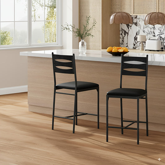 Barstoelen – Barkrukken – Keukenstoelen – Barstoelen Set – Zwarte Kunstleren Barstoelen – Set Van 2 – Counterhoogte – Met Rugleuning En Voetsteun