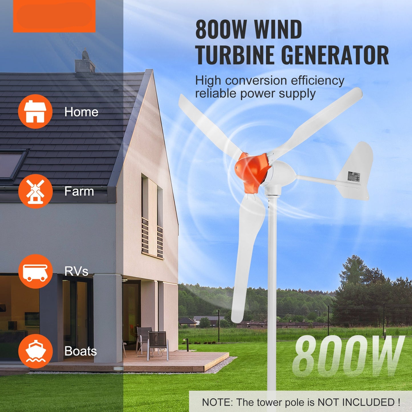 Windmolen – Windturbine – Windgenerator – Duurzame Energie Generator – Windkracht Generator – 800W Vermogen – 3-Blads Glasvezel Nylon