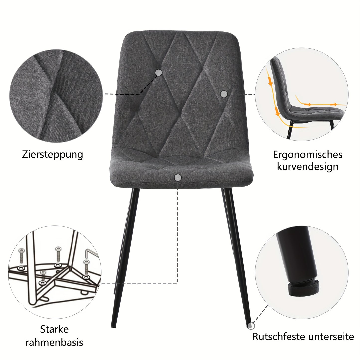 Eetkamerstoelen – Stoelen – Dinersets – Zithoeken – Stoelenset – Donkergrijs – Metalen Frame – Linnen Zitting – Ergonomisch Ontwerp – Stevige A-vormige Poten