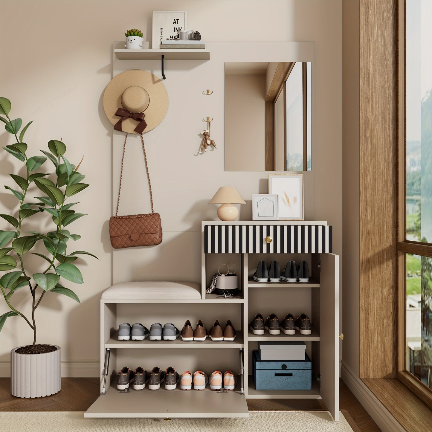 Hal-kast – Halgarderobe – Schoenenkast – Opbergkast – Lampenkast – Bamboe Materiaal – Met Spiegel en Zitbank – 110x185,5x37 cm – Vrijstaand en Ruimtebesparend