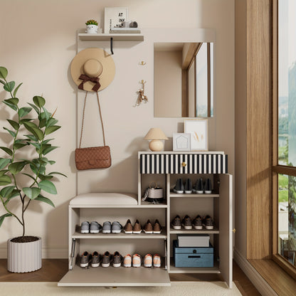 Hal-kast – Halgarderobe – Schoenenkast – Opbergkast – Lampenkast – Bamboe Materiaal – Met Spiegel en Zitbank – 110x185,5x37 cm – Vrijstaand en Ruimtebesparend