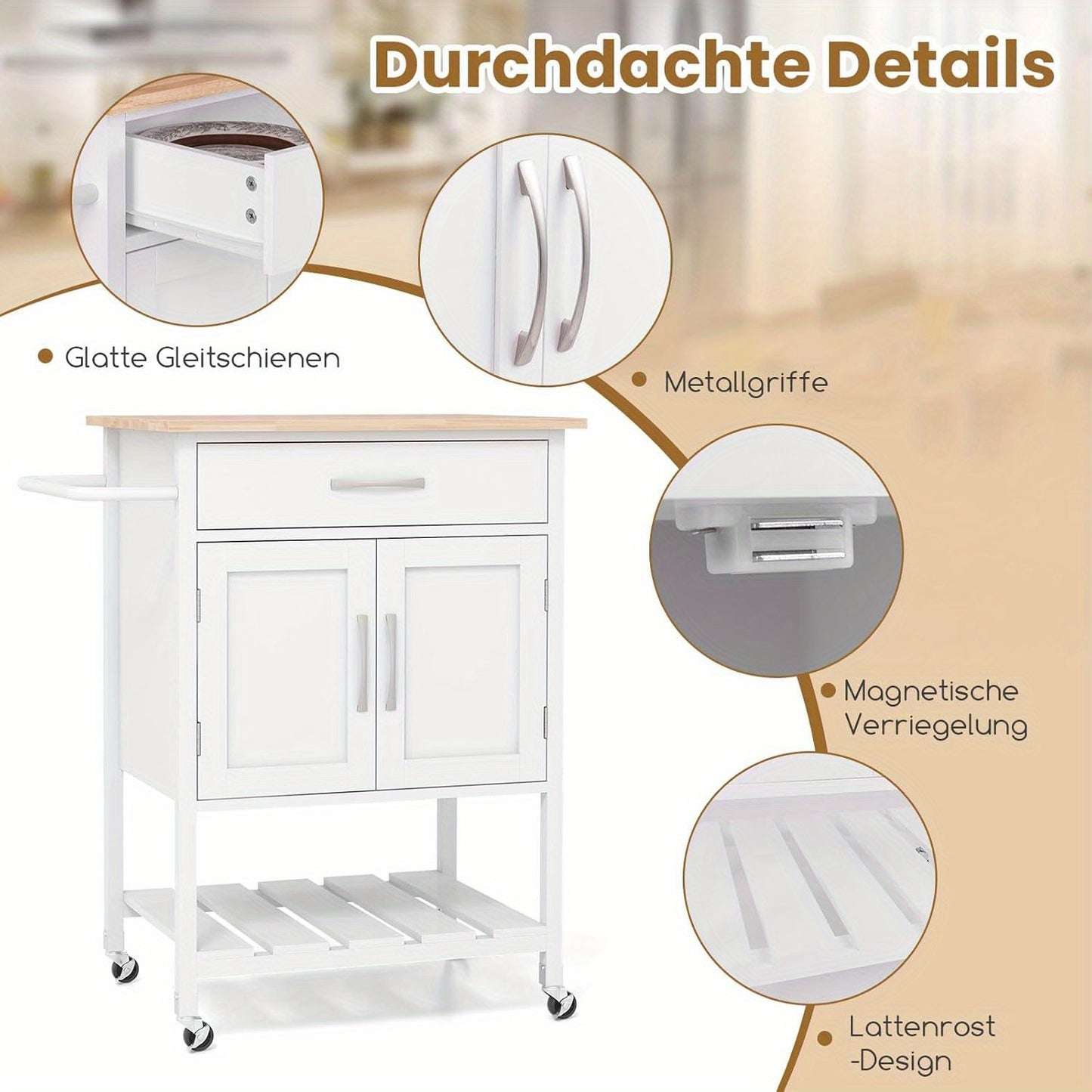 Keukentrolley – Mobiele Keukenwagen – Keukenkar – Opbergwagen – Serveerwagen – Rubberwood Werkblad – Grote Lade & Kast – Wit