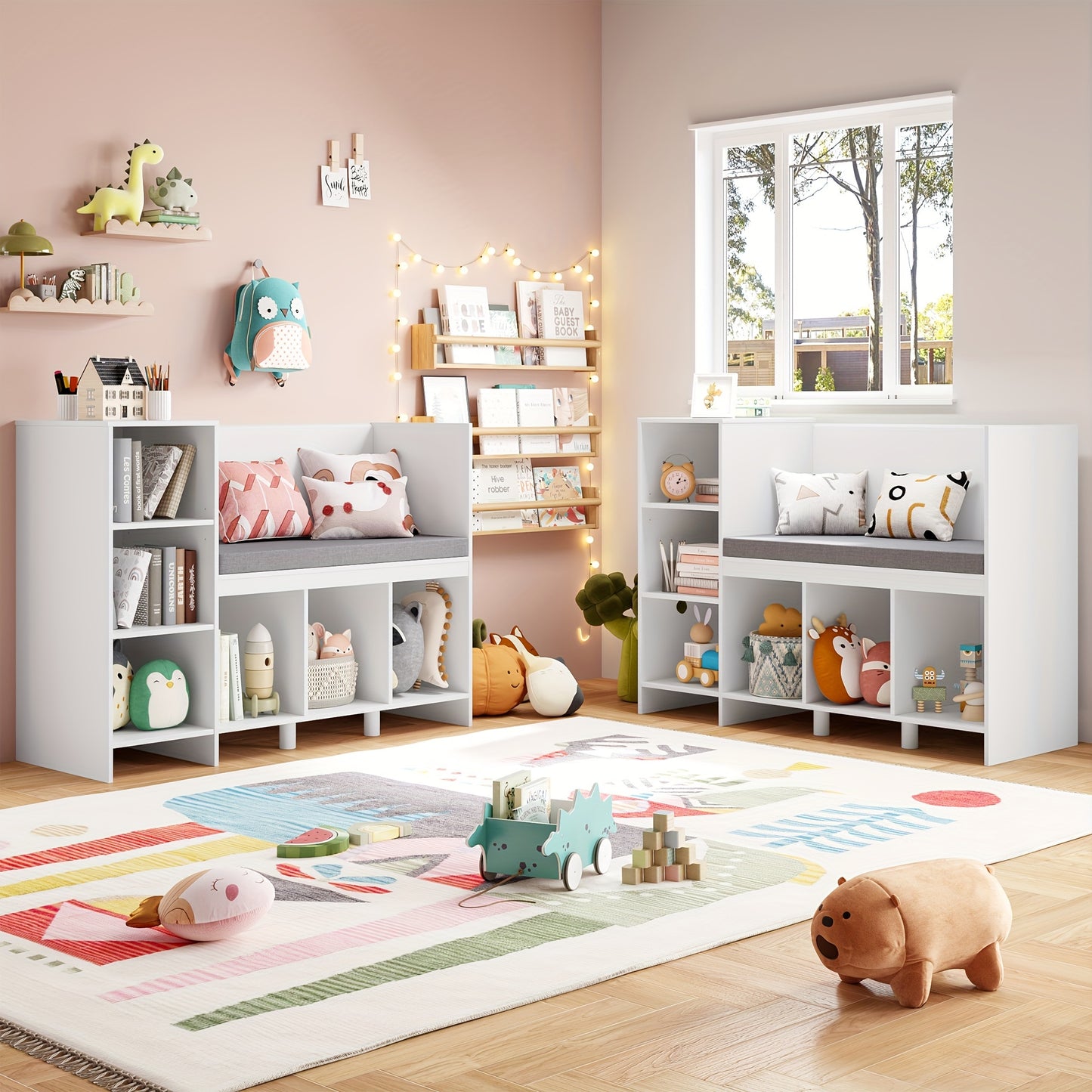 Boekenkast – Kasten – Opbergmeubel – Speelgoedrek – Zitbankje – Wit – 80,5x40x110 cm – 6 Opbergvakken – Afneembaar Wasbaar Zitkussen