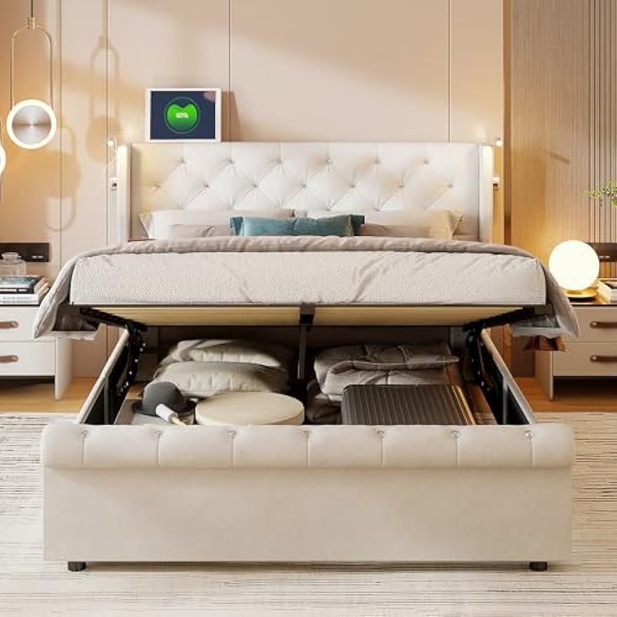 Opbergbed – Gestoffeerd Bed – Tweepersoonsbed – Bedkoffer – Opbergmeubel – 140x190 cm – Off-white Velvet – Hydraulisch Systeem & USB Leeslamp