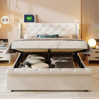 Opbergbed – Gestoffeerd Bed – Tweepersoonsbed – Bedkoffer – Opbergmeubel – 140x190 cm – Off-white Velvet – Hydraulisch Systeem & USB Leeslamp