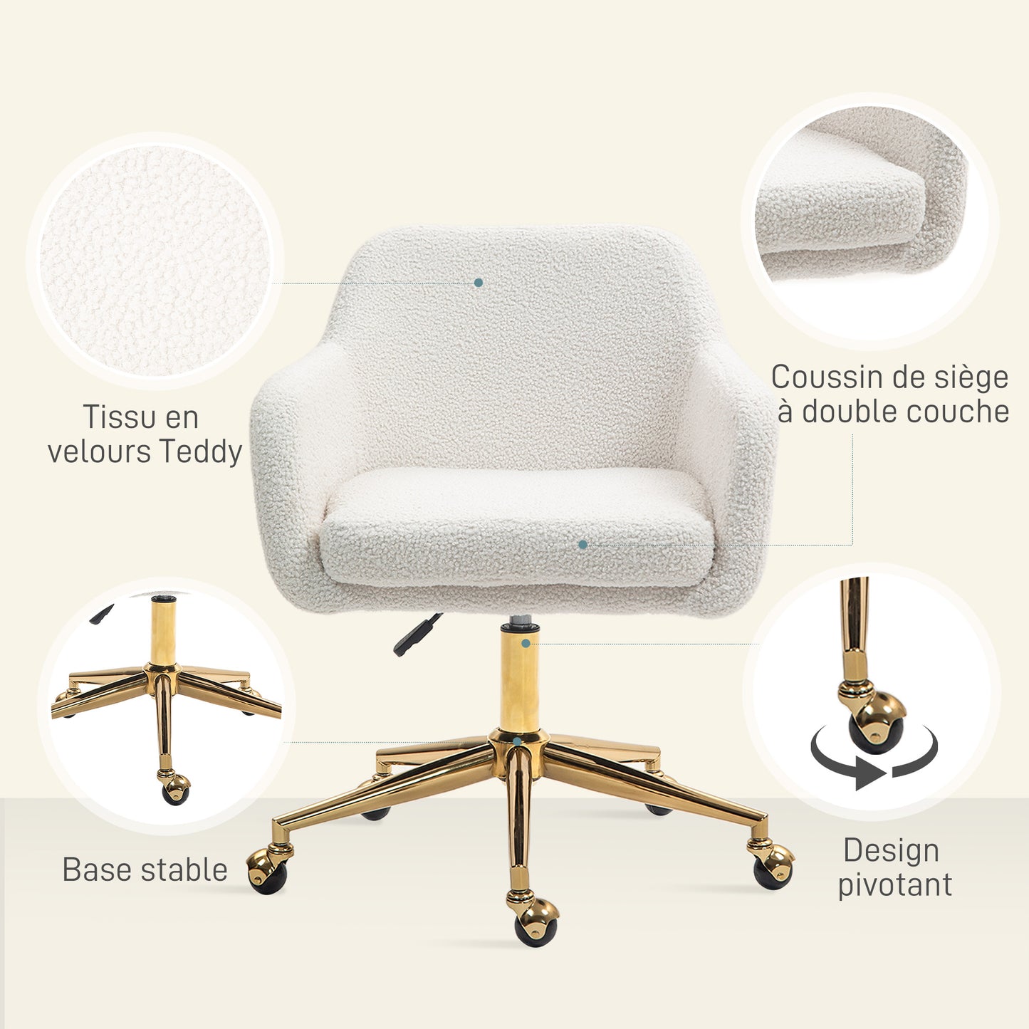 Bureaustoel – Werkstoel – Computestoel – Bureaustoel Met Wielen – Draaistoel – Verstelbare Hoogte – 360° Swivel – Max. 120 Kg – Crème Kleur