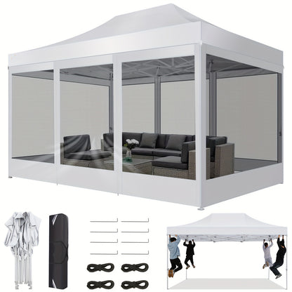Partytent – Paviljoen – Opvouwbare Tent – Feesttent – Tuintent – 3x4,5 meter – Vier Afneembare Muskietennetwanden – Ademend Wit Doek