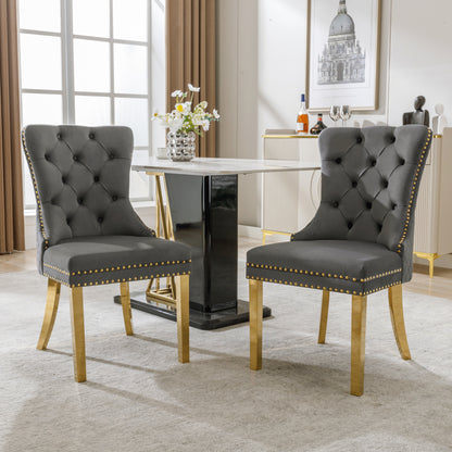 Eetkamerstoelen – Stoelen – Dining Chairs – Dinerstoelen – Moderne Stoelen – Set Van 2 Grijs – Fluwelen Bekleding – Gouden Roestvrijstalen Poten – Ergonomische Rugleuning – Comfortabele Zittingen